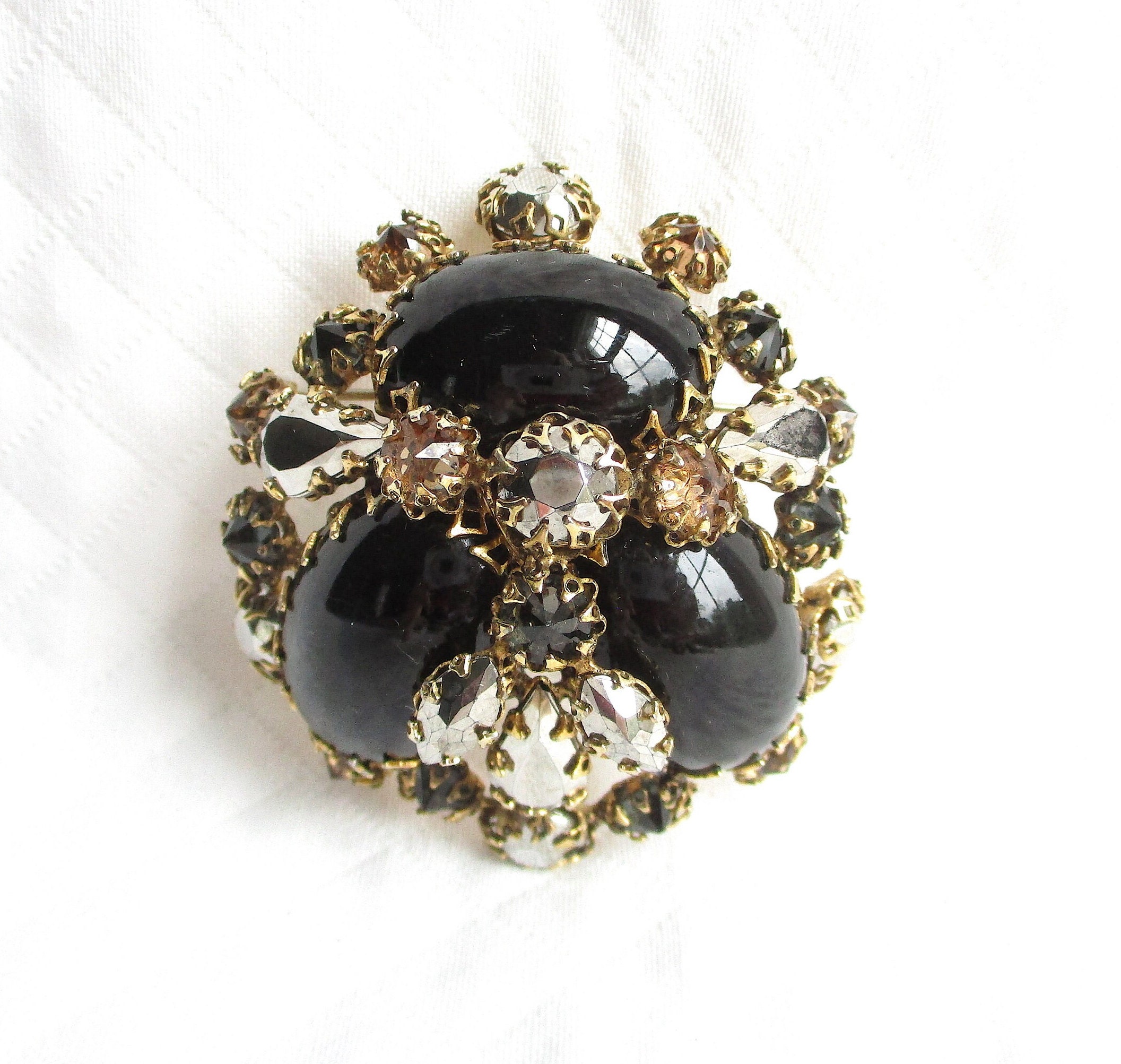 SCHREINER New York Metallic Rhinestone & Black Glass Vintage High
