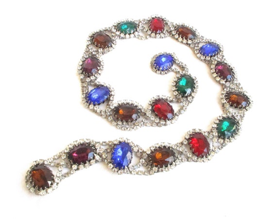Jewel Tone Large Oval Glass and Rhinestone Chain Vintage  display picture 2