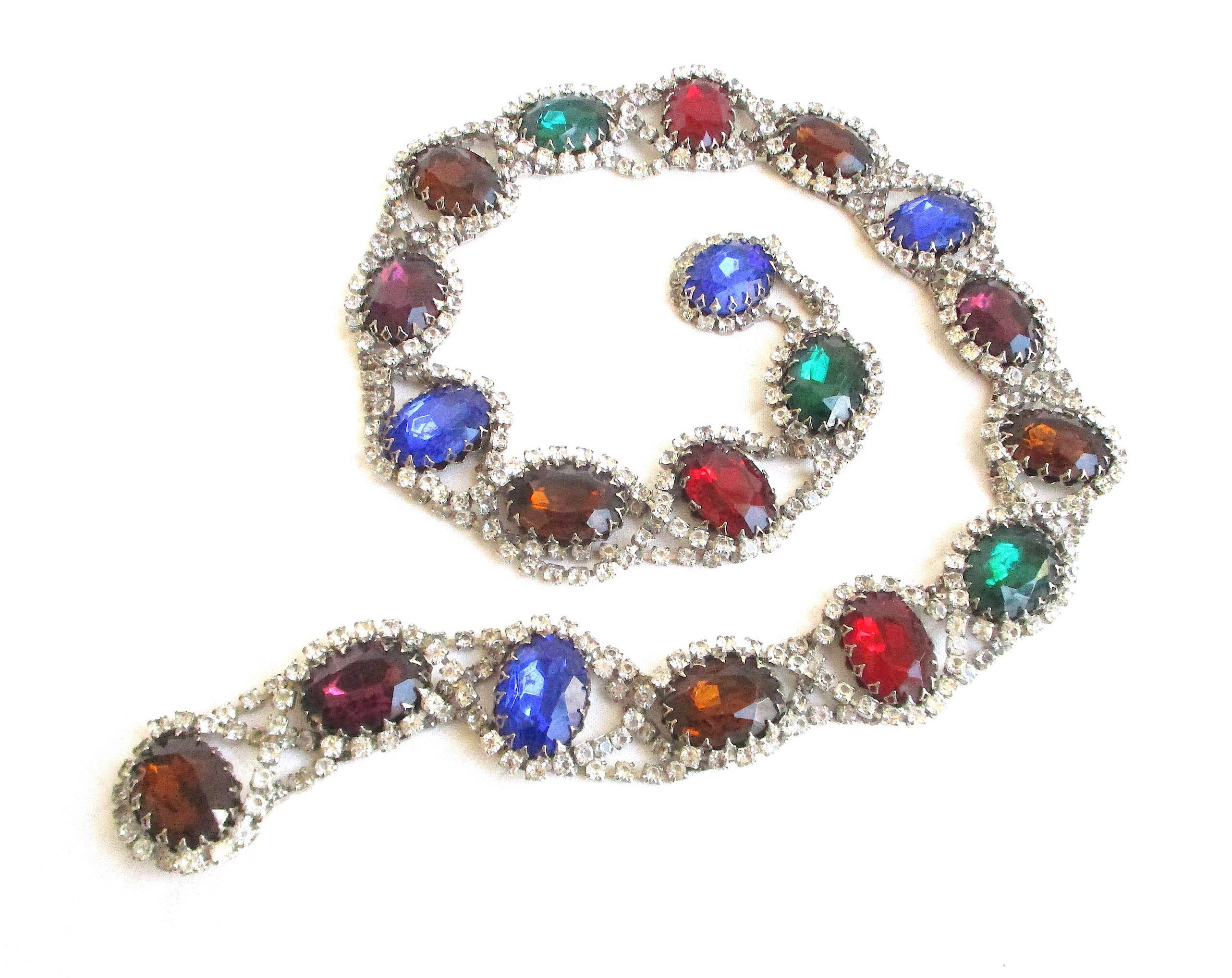 Jewel Tone Large Oval Glass and Rhinestone Chain Vintage Belt - Unsigned Schreiner - Silver Cupcake Settings - NY Estate Jewelry