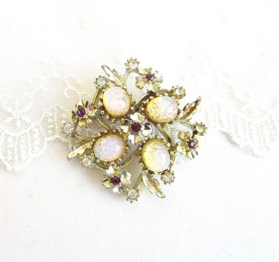 Blue and Opal Glass Rhinestone Small Midcentury Circle Brooch