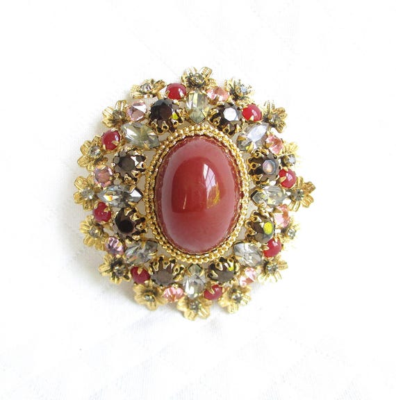 Schreiner Jewelry of New York ヴィンテージブローチ Schreiner New York Carnelian Glass Baroque Style Vintage Brooch