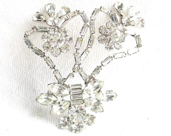 Broche vintage grande con diamantes de imitación transparentes y flores de Austria - Con sello distintivo - Estilo Art Nouveau - Joyas patrimoniales de Nueva York