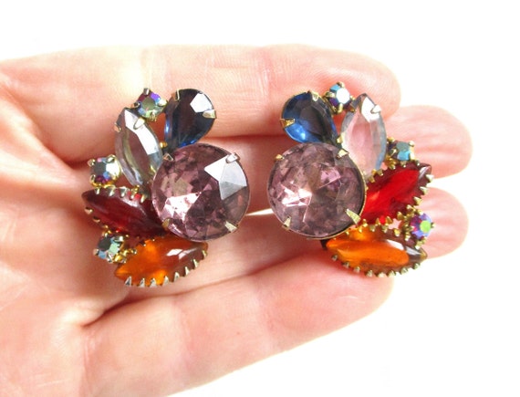 Colorful and Large Glass Stone Vintage Clip Back … - image 5