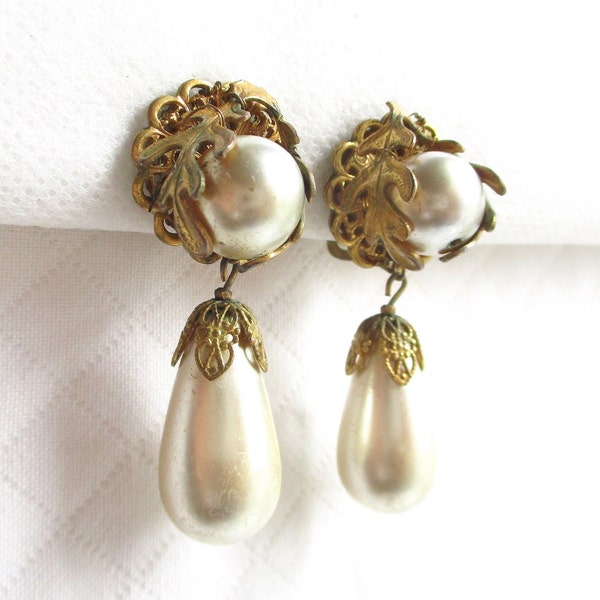MIRIAM HASKELL Dangling Glass Pearl and Gold Leaf Vintage Clip Back Earrings - Designer Signed - NY Estate Jewelry