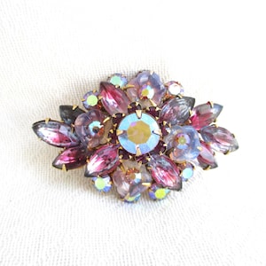Gorgeous Opal Glass Flower Stone and Rhinestone Vintage Brooch Pin - Shades of Purple - NY Estate Jewelry