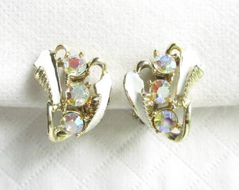 Aurora Borealis Rhinestone and White Enamel Vintage Clip Back Earrings - Sparkling Crystals - NY Estate Jewelry