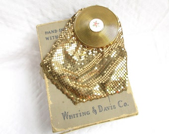 Whiting & Davis Gold Mesh Guilloche Rose Flower Compact Top Vintage Pouch Handbag - Original Manufacturer&#39;s Box - Vintage Ad Piece