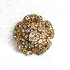 Miriam Haskell Clear Rhinestones and Layered Gold Metal Filigree Vintage Brooch - Designer Signed - Fleur de lis Detailing