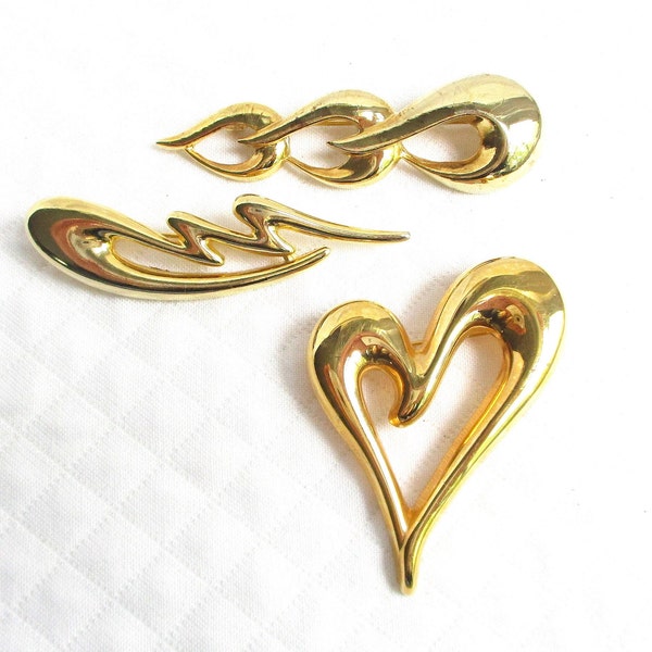 Trio of Vintage Gold Metal Brooch Pins - MONET/VENUE Hallmarks - Heart, Teardrop & Scrolling Shapes - Shiny Puff Gold Style - Estate Jewelry