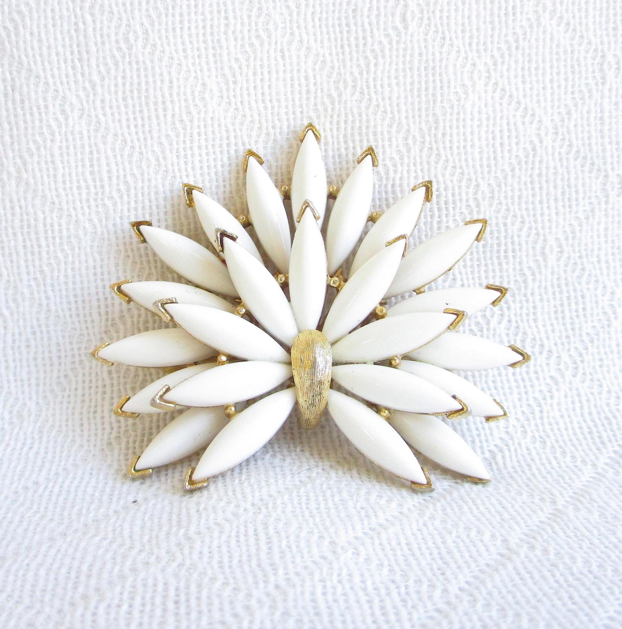 Crown Trifari White Navette Cabochons and Gold Vintage Layered