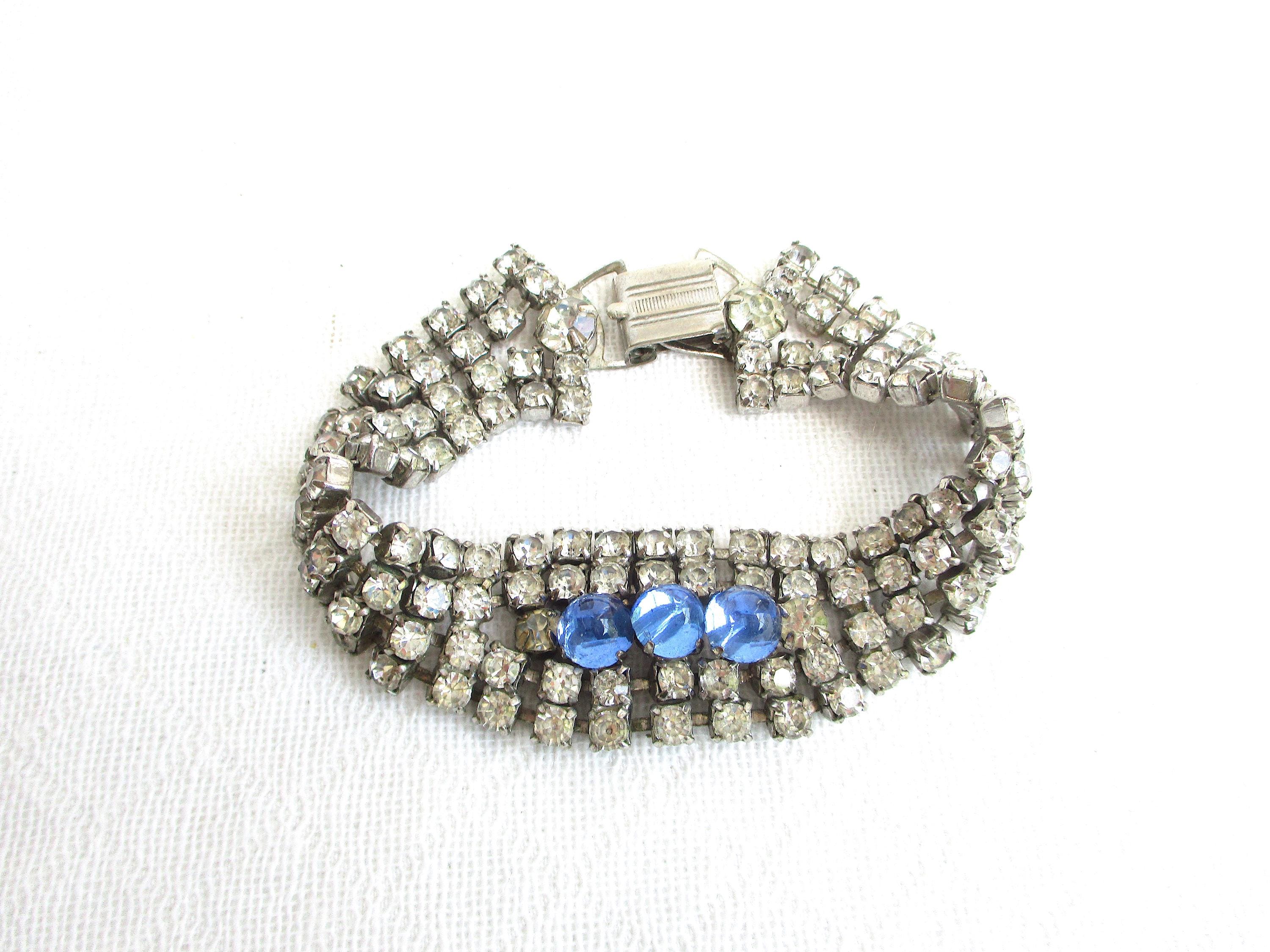 Bracelet Vintage Doré Avec Strass Et Cabochons Bleu Saphir - Longueur 19 Cm - Alliage - Occasion
