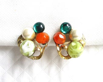 Vintage Glass & Marble Vintage Clip Earrings - Textured Gold Setting - Green, Pearl, Orange and Yellow