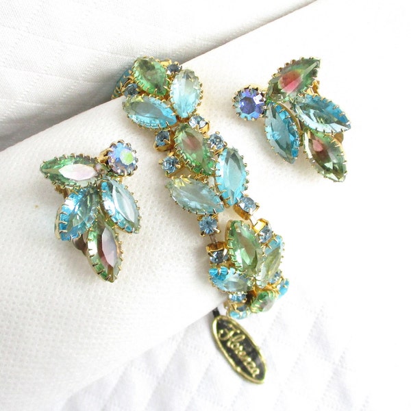 Florenza Watermelon and Green Rhinestone Bracelet & Clip Back Earrings - Original Jewelry Hang Tag - Gold Settings - NY Estate Jewelry Set