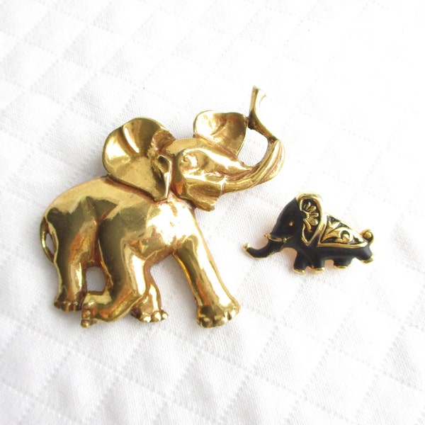 Vintage Elephant Brooch Pair - Zentall Hallmark & Tiny Black on Gold Pin - NY Estate Jewelry