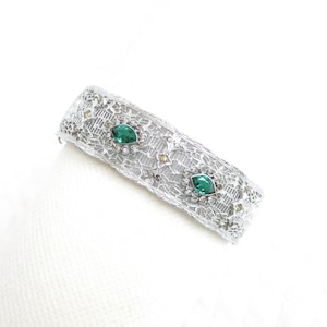 JHP Silver Filigree and Emerald Green Rhinestone Vintage Hinge Bangle Bracelet - Hallmarked - Safety Chain
