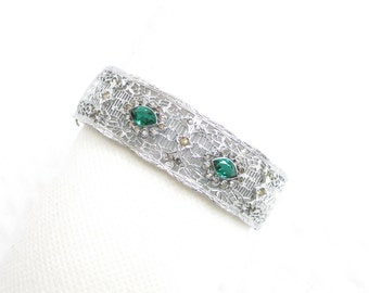 JHP Silver Filigree and Emerald Green Rhinestone Vintage Hinge Bangle Bracelet - Hallmarked - Safety Chain