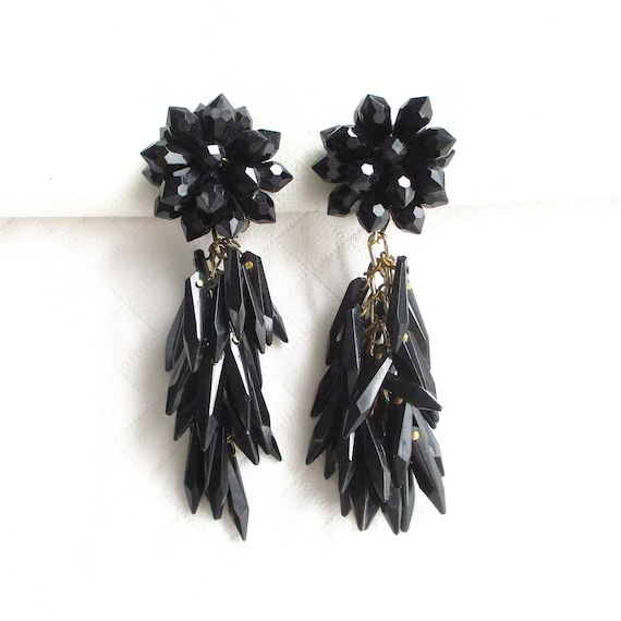 Black Bead & Clustered Dangling Vintage Clip Back… - image 1