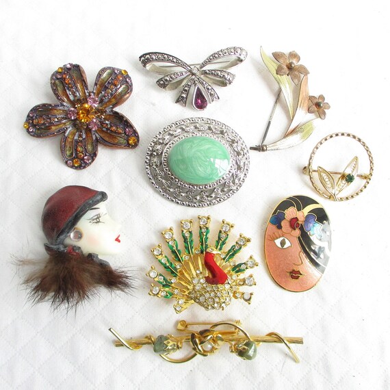 Nine Piece Vintage Brooch Lot bundle Diana avon peacock cloisonne
