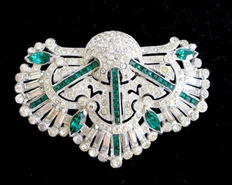 Wunderschöne Art Deco smaragdgrüne & klare Strass Vintage Brosche - 2 1/2 "breit - NY State Schmuck