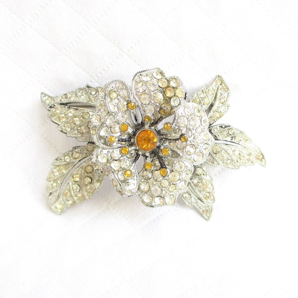 Antique Rhinestone Flower Trembler Brooch - Rhodium Silver - Clear & Orange Rhinestones - NY Estate Jewelry