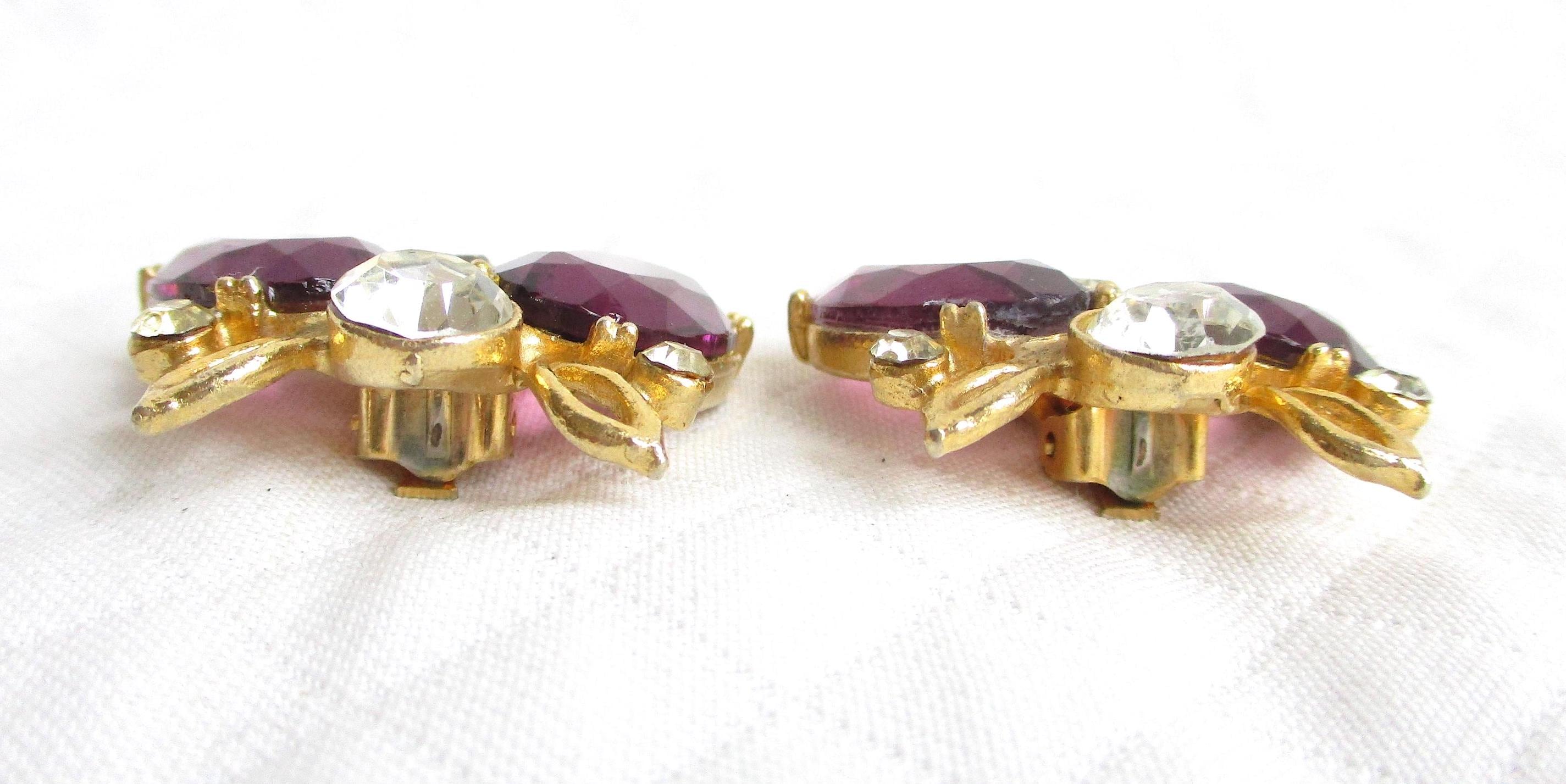 Boucles D'oreilles Clips Vintage - Or Et Cristaux Violets - Bijou Fantaisie Ancien 5498