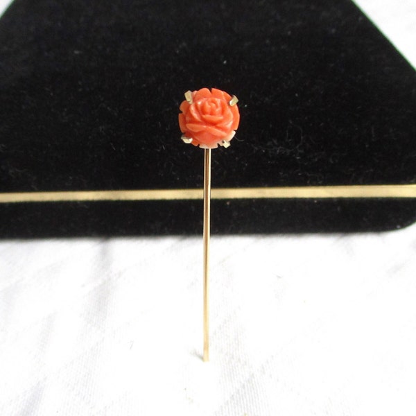 KREMENTZ Gold & Carved Natural Angelskin Flower Vintage Stick Pin - Lapel Pin - Hat Pin - Scarf Pin - Designer Signed - NY Estate Jewelry