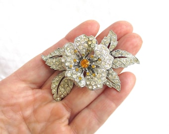 Antique Rhinestone Flower Trembler Brooch - Rhodium Silver - Clear & Orange Rhinestones - NY Estate Jewelry