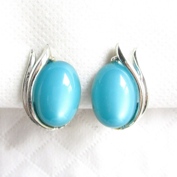 Aqua Moon Glow and Shiny Silver Vintage Clip Back Earrings - Coro Inspired - 1950/1960 Costume Jewelry Era - NY Estate Jewelry