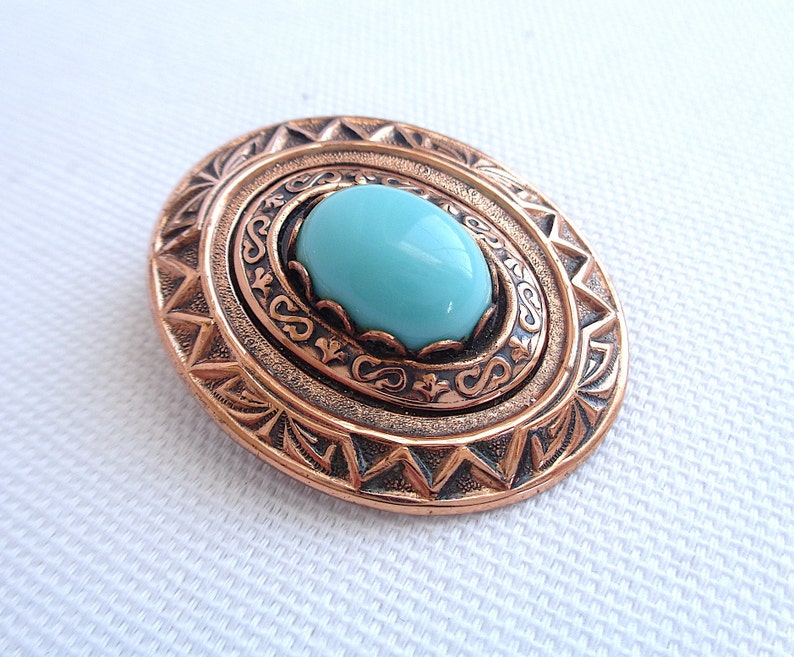 Copper and Turquoise Cabochon Vintage Brooch and Clip Back Earring Set Stamped Metal Design Estate Jewelry