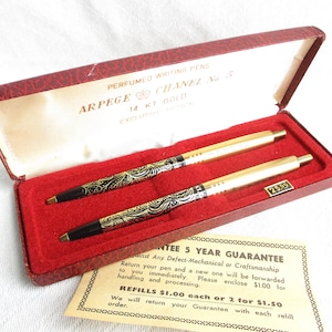 Vintage Chanel Arpege No. 5 14 KT Imprinted Gold Pen Set with Original Case/Hinged Box - NY Estate Finds
