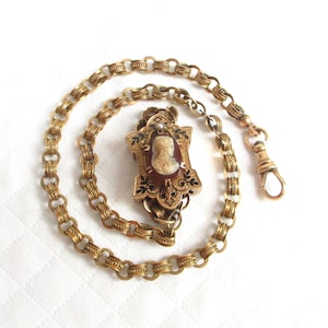 Antique 14K Gold & Cameo Watch Fob and Fancy Chain - Hallmarked -  Pearl Seed and Victorian Design - NY Estate Jewelry