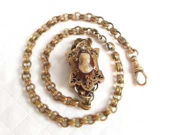 Antique 14K Gold & Cameo Watch Fob and Fancy Chain - Hallmarked -  Pearl Seed and Victorian Design - NY Estate Jewelry