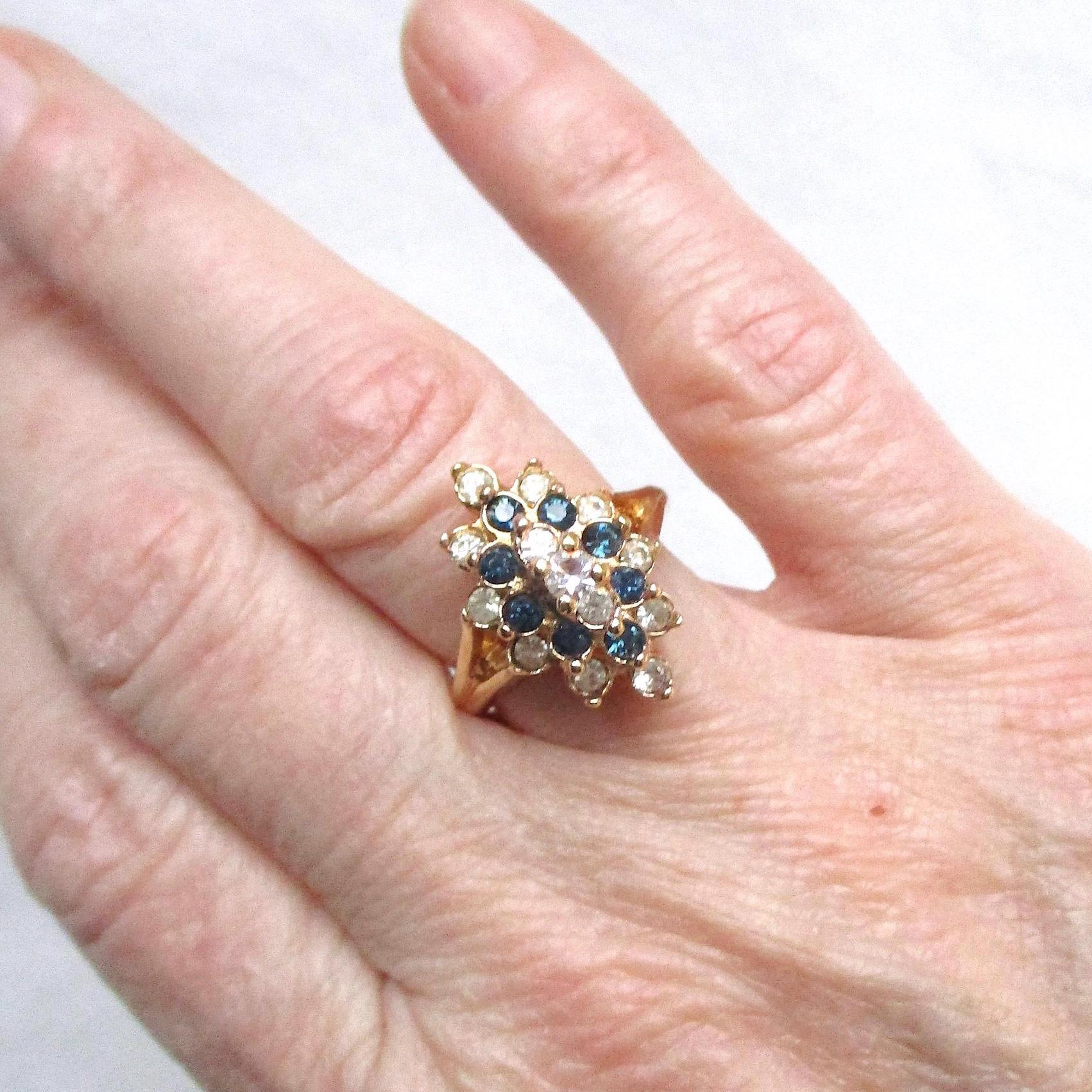 Vintage Faux Sapphire & Diamond Silver Plated Cluster  Vintage Faux Sapphire Rhinestone Cluster Ring main image 1