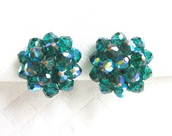 Sprankelende rijke turquoise groene vintage kristallen cluster clip terug oorbellen-NY Estate sieraden