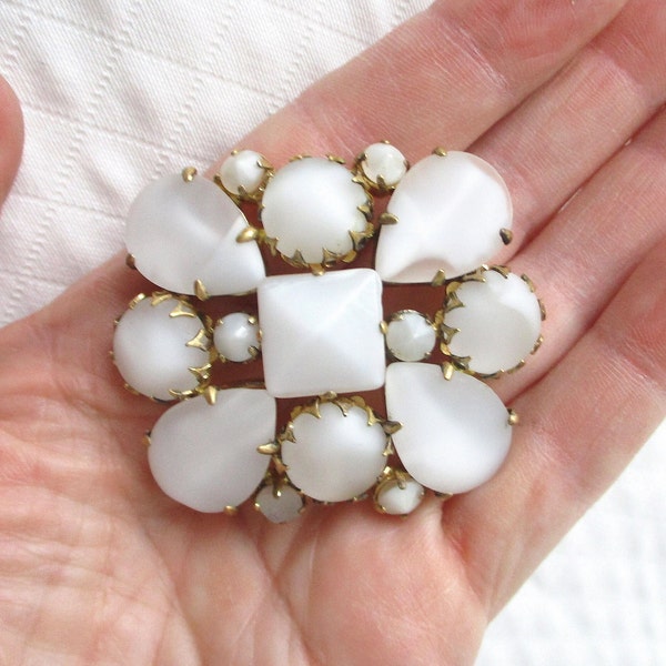 Gorgeous White Cloud Glass and Gold Metal Vintage Brooch - Inverted Stones, Cupcake Back Mounts, Ornate Prongs - NY Estate Jewelry