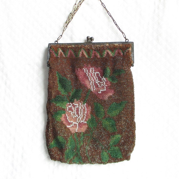 Antique Glass Beaded Floral Handbag - Metal Frame & Chain - Pink Moire Silk Interior - Brown, Green and Mauve Colors