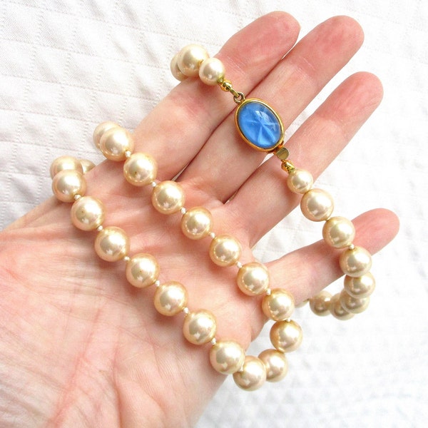 Carolee Glass Pearl & Blue Star Glass Cabochon Clasp Vintage Necklace - Designer Signed - Matinee Length - NY Estate Jewelry