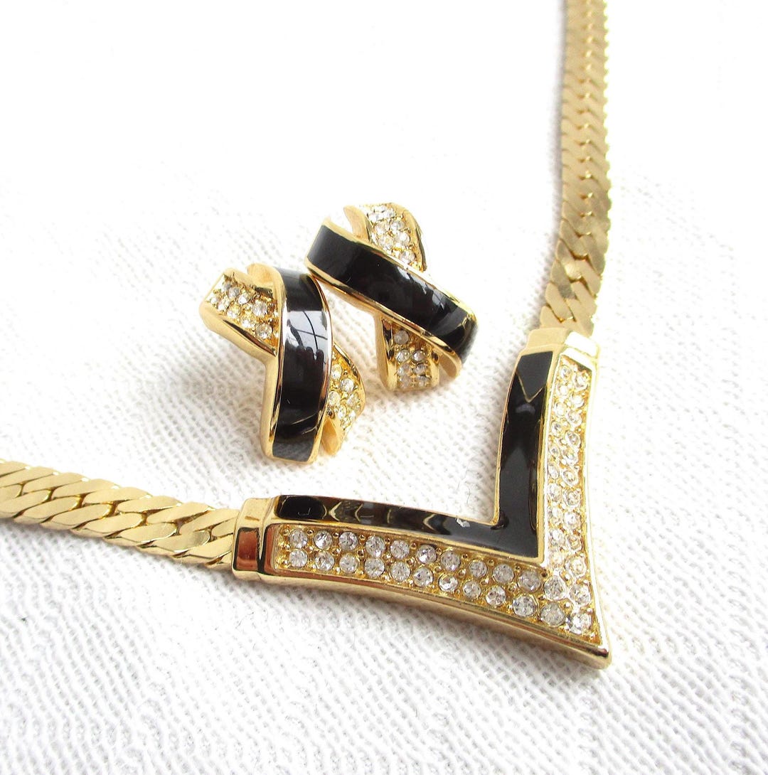 Vintage DIOR Gold Snake Chain Necklace & Earrings Set - Rhinestone