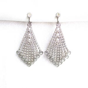 Glamorous Long Rhinestone Dangling Clip On Vintage Earrings - Silver Scroll Detailing - NY Estate Jewelry