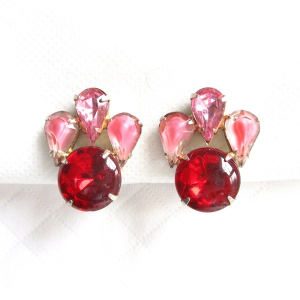 GARNE Red and Pink Givre Glass Rhinestone Vintage Clip Back Earrings - 1 1/4" Tall - NY Estate Jewelry