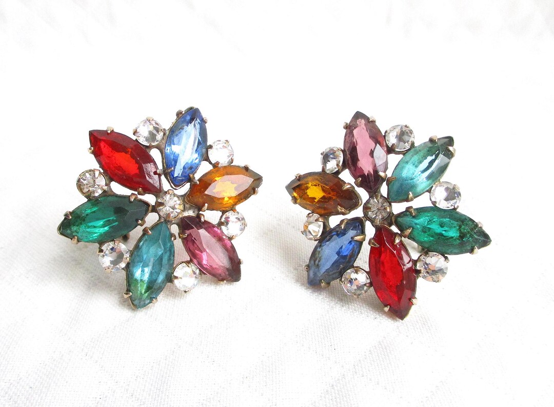 Boucles D'oreilles Vintage Clips - Fleurs En Métal Doré - Très Bon état