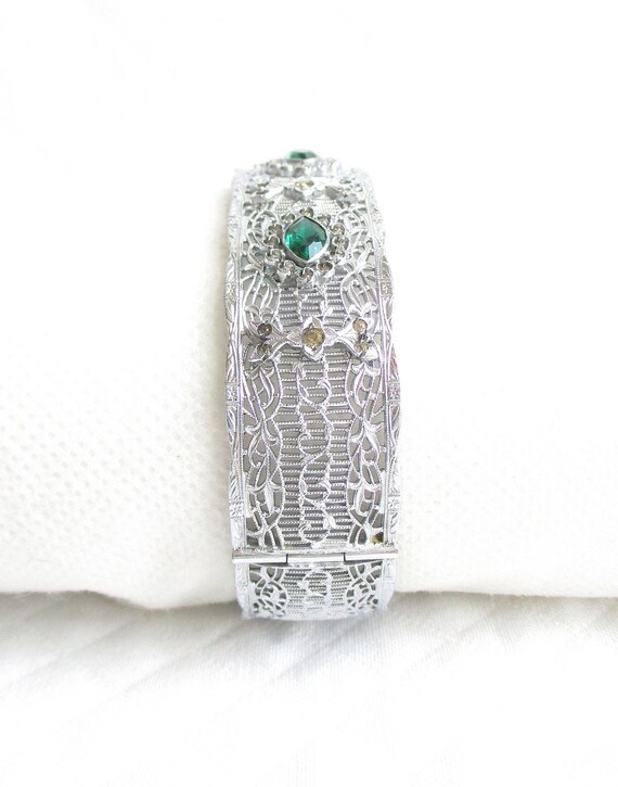 JHP Silver Filigree and Emerald Green Rhinestone Vintage
