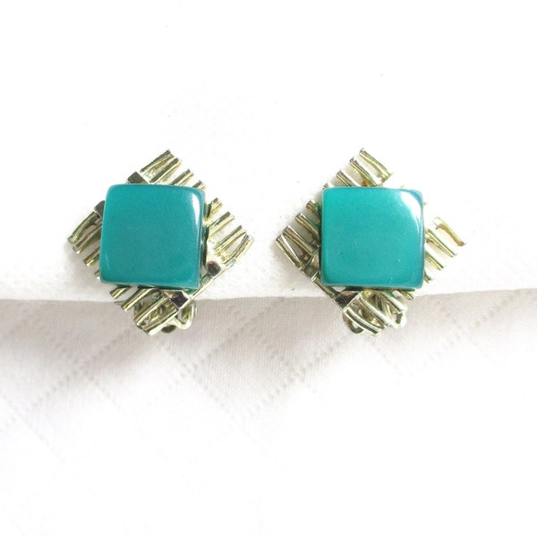 Coro Green Glow Thermoset and Gold Grid Vintage Clip Back Earrings - Designer Signed - Art Deco Style - NY Estate Jewelry