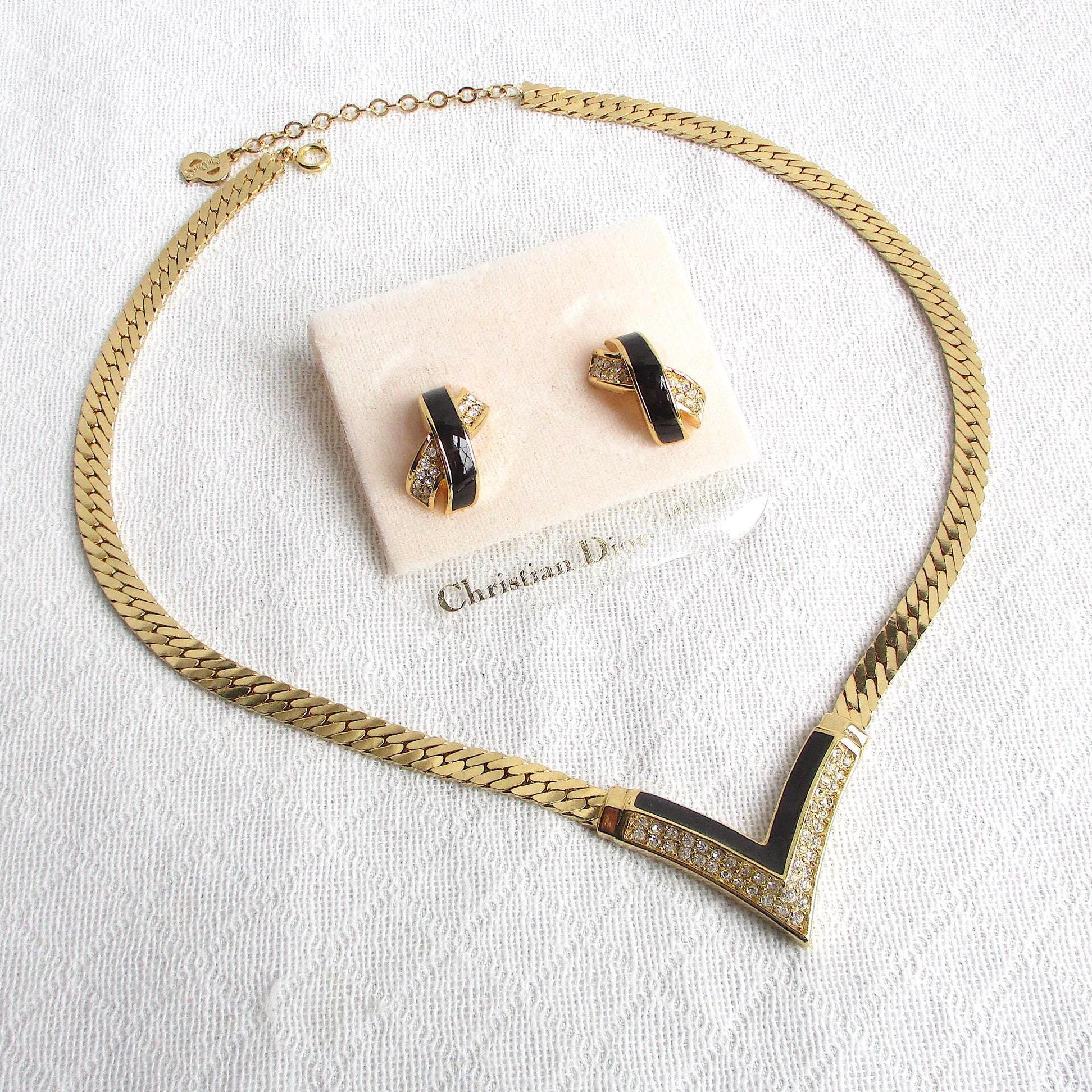 Vintage DIOR Gold Snake Chain Necklace & Earrings Set - Rhinestone