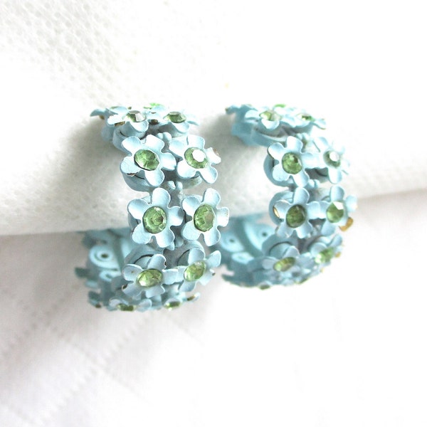 Pale Green Rhinestone and Turquoise Enameled Vintage Clip Back Hoop Style Earrings - Tiny Metal Flowers - NY Estate Jewelry