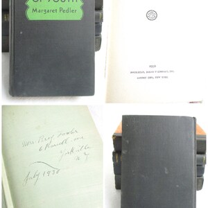 May include: A black hardcover book titled "Fire of Youth" by Margaret Pedler. The book cover has a green title and author name. The book is from 1930 and published by Doubleday, Doran & Company, Inc. in Garden City, New York.