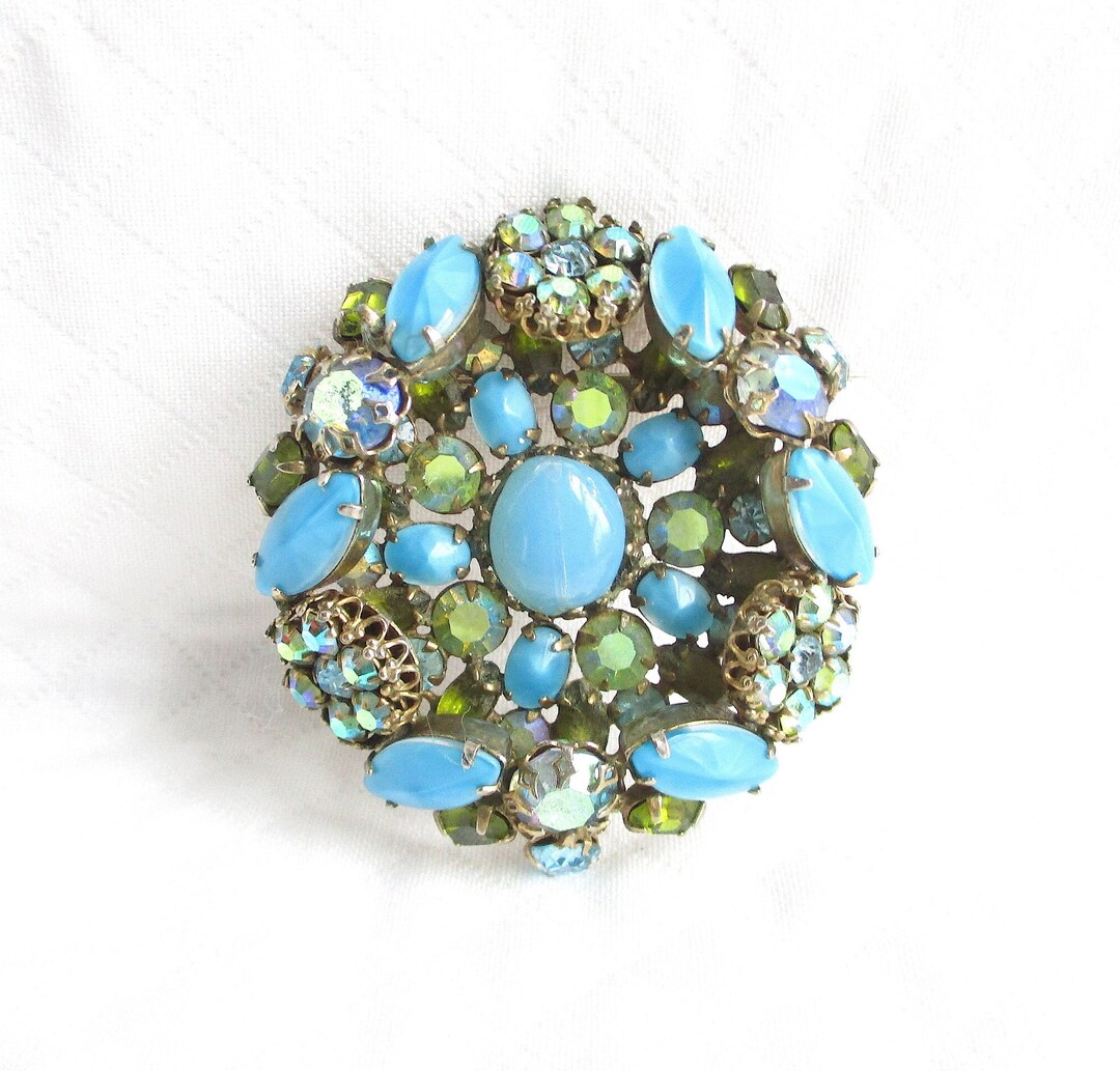 Schreiner Jewelry of New York ヴィンテージブローチ Schreiner NY - Turquoise, Green, Blue, Aurora Borealis Rhinestones