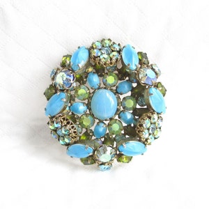 Schreiner NY - Turquoise, Green, Blue, Aurora Borealis Rhinestones & Cabochons/Recessed Center Brooch - Designer Signed - NY Estate Jewelry
