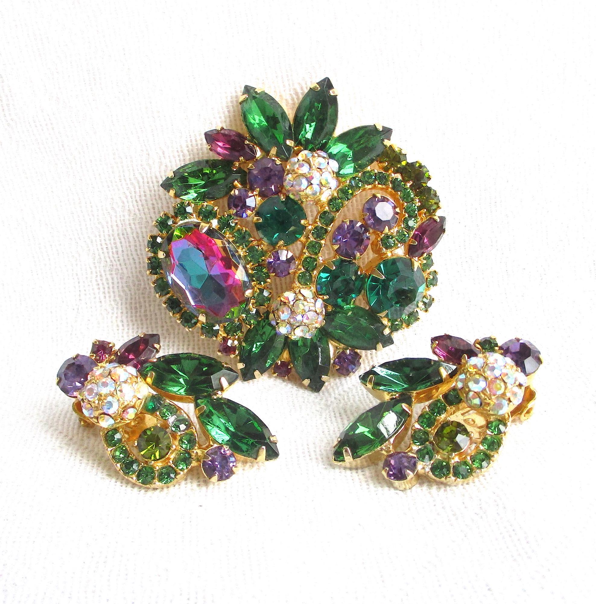 Juliana Watermelon & Green Rhinestone Vintage Jewelry Set - Book