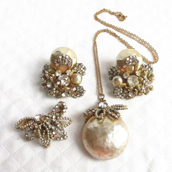 Miriam Haskell Four Piece Parure - Glass & Seed Pearls Pendant, Brooch and Clip Back Earrings - Designer Signed - NY Estate Jewelry